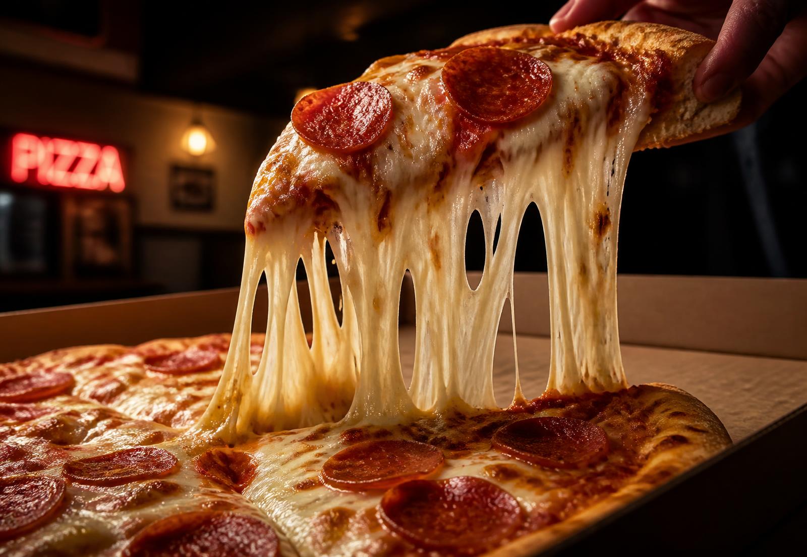 A slice of pizza lifted from the box with a dramatic cheese pull