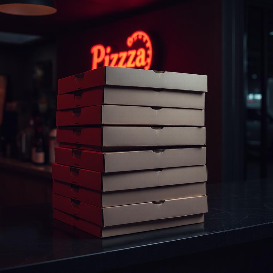 Stack of pizza delivery boxes on the counter