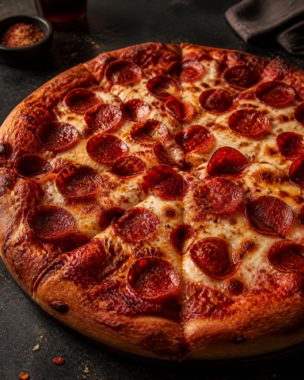 Close-up of a thick, cheesy pepperoni pizza